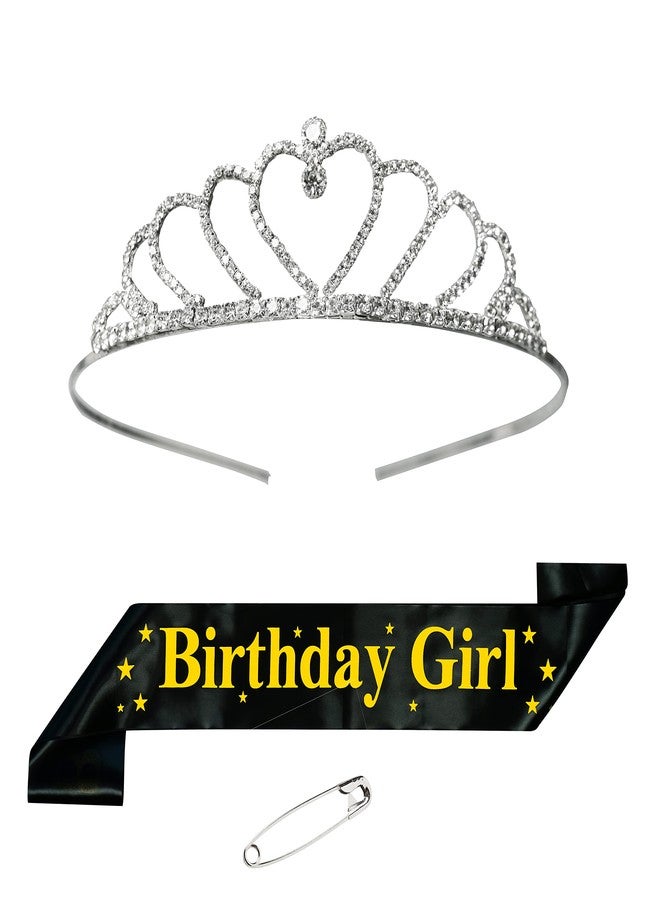 DECOFY Birthday Sash & Crown Set | Princess Queen Tiara Crowns Taj HairBand For Kids Girls & Womens (3 Pc Set- With Pin-Black)